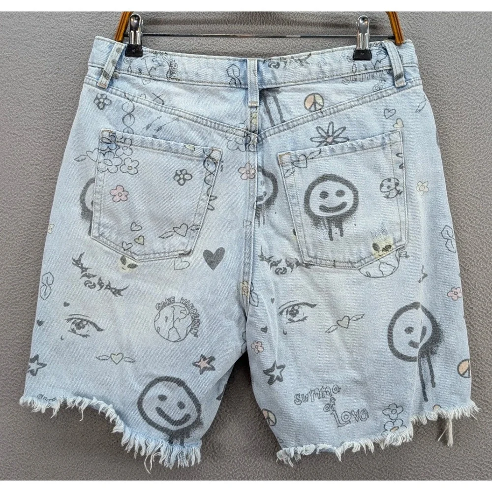 Y2K Wild Fable Denim Shorts Womens Sz 12 Graffiti Doodle Distressed Blue Cotton